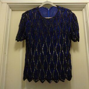 VINTAGE 80S 90S BLUE BEADED DYNASTY GLAM BLOUSE M TO L